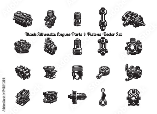 Minimal Engine Pistons Silhouettes Vector | Automotive and Mechanical Parts Graphic Collection