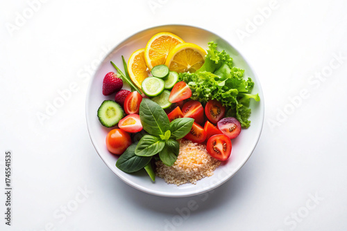 Vibrant Vegan Meal: A top-down shot of a colorful and appetizing vegan salad bowl filled with fresh, organic vegetables, creating a visually appealing and healthy dining experience.