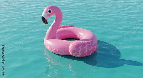 Pink Flamingo Inflatable Float In Sparkling Turquoise Water Under Clear Sky