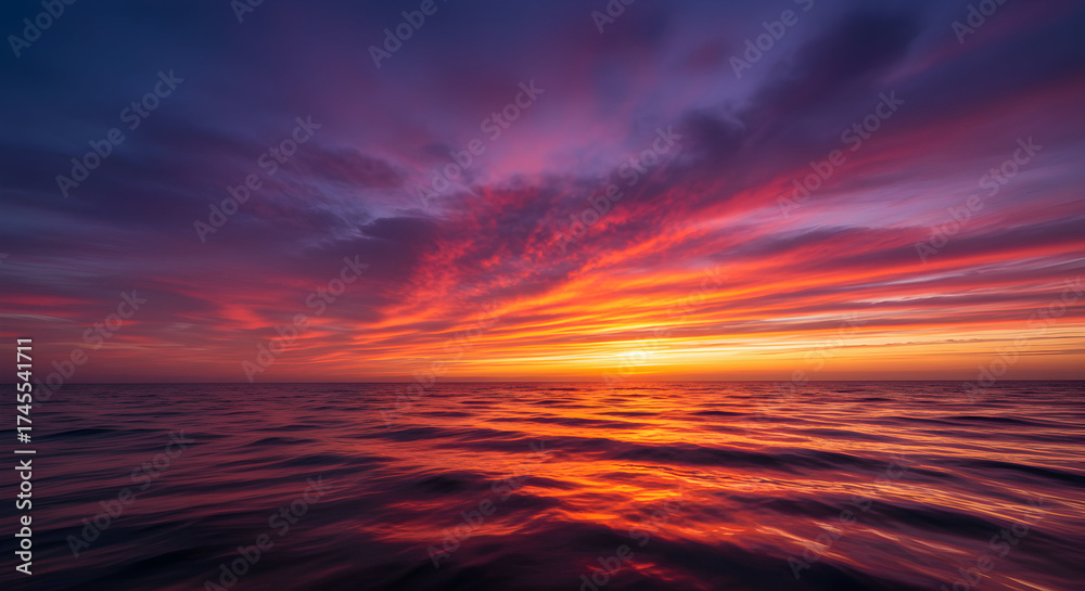 Obraz premium Vibrant Sunset Over Tranquil Ocean Waters with Colorful Clouds Reflecting in Waves