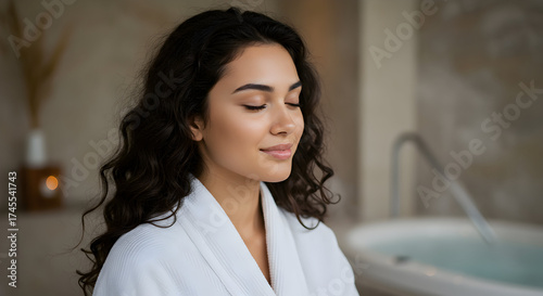 Young Woman Relaxing With Closed Eyes in a Luxurious Spa Setting with Bathtub