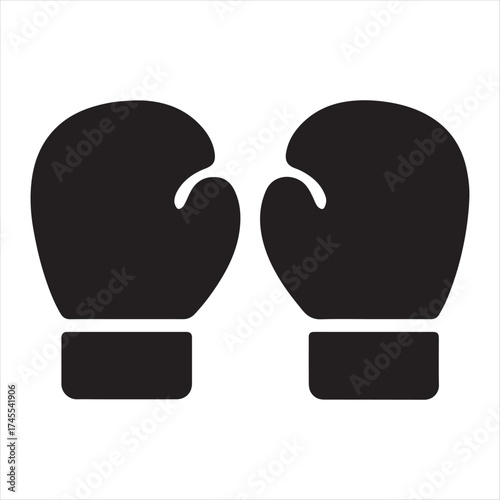 Simple black silhouette of boxing gloves facing forward on a white background representing combat and competition