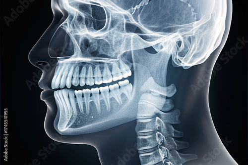 X-Ray of Human Head and Teeth: A detailed medical x-ray illuminates the intricate bone structure of the human head, showcasing the teeth, skull, and jaw.