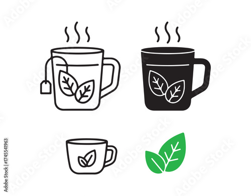 Herbal Tea features black linear and silhouette icons.
Thin line representation of a cup filled with mint beverage. Green drink outline pictogram set against a white background. Vector icon shape.