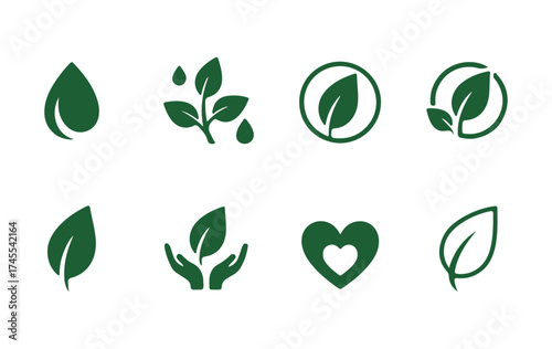 set of eco-friendly green leaf icons on a white background