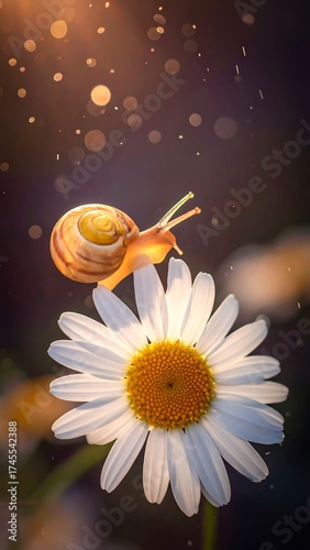 Snail on daisy with bokeh in the background