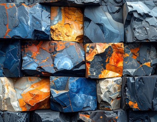 Close-up view of a wall of  square,  multi-colored stones