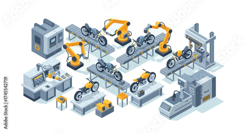 isometric vector motorcycle manufactur factory 