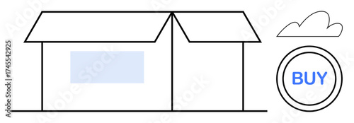 Minimalistic building outline, cloud, and buy button emphasize e-commerce, technology, digital marketing, remote shopping, delivery, sales growth consumer behavior. Simple flat metaphor