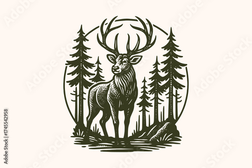 Stag in forest engraving style silhouette vector illustration