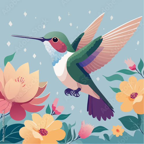 Hummingbird hovering among flowers with transparent background
