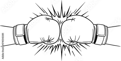 Boxing gloves collision, cartoon impact burst, sports conflict illustration, competition symbol vector, dramatic punch moment, athletic confrontation design