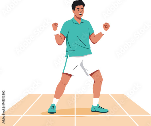 Joyful male athlete celebrating a victory point in a takraw or tennis match with a triumphant fist pump pose on the court