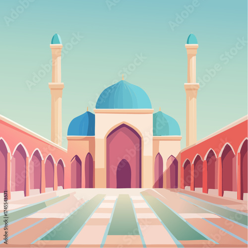 Mosque facade with minarets and arched courtyard