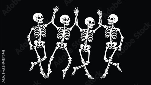 Four dancing skeletons celebrating together on a black background
