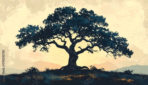 Silhouetted oak tree on a hilltop, golden hour