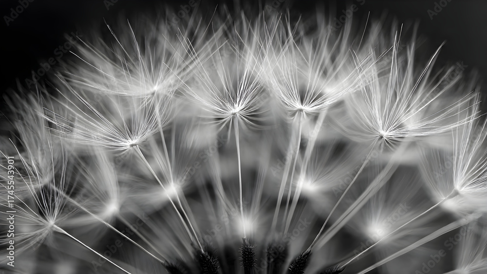 Naklejka premium Black and white Dandelion in the sun. Black and white abstract dandelion flower background, extreme closeup with soft focus.