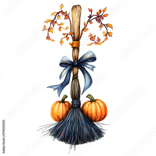 Witch's broom for Halloween. Halloween. Watercolor 2D style isolated on transparent background.