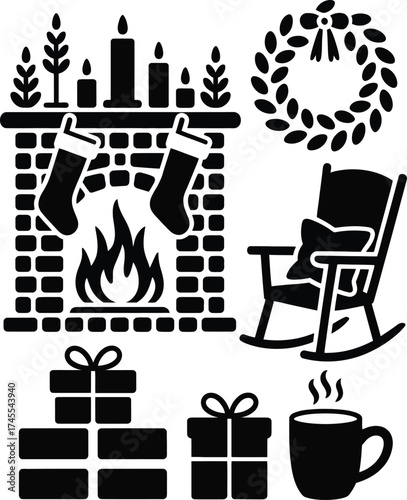 Christmas scene vector silhouette holiday fireplace