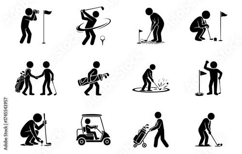 stick figure golf player icon set with swinging club, putting ball and driving cart, vector illustrations for golfing sport and recreational activity