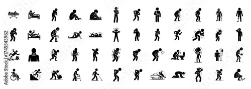 pain and injury icon set with stick figures carrying heavy loads, suffering from backache and using wheelchairs, vector illustrations for physical discomfort and hardship