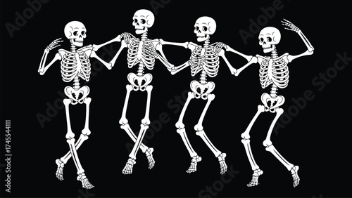 Four dancing skeletons in a line against a black background