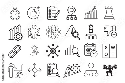 Collection of business and strategy icons for planning and analysis
