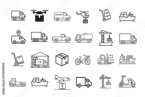 Collection of hand drawn icons representing logistics and delivery services