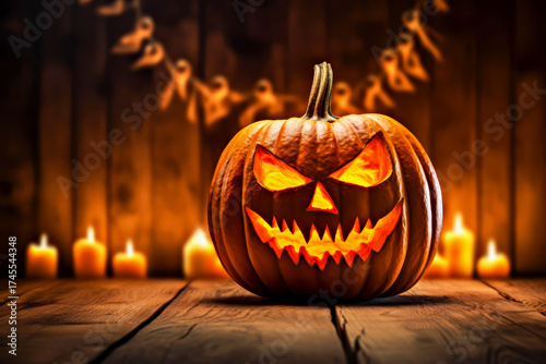 Halloween. Pumpkin. Glowing jack-o'-lantern with menacing expression sits on wooden table, illuminated by flickering candles in background, creating spooky atmosphere for Halloween celebrations