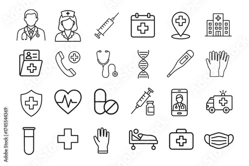 Collection of medical and healthcare icons in a clean line art style