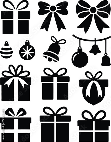Gift boxes bows bells ornaments vector silhouette present