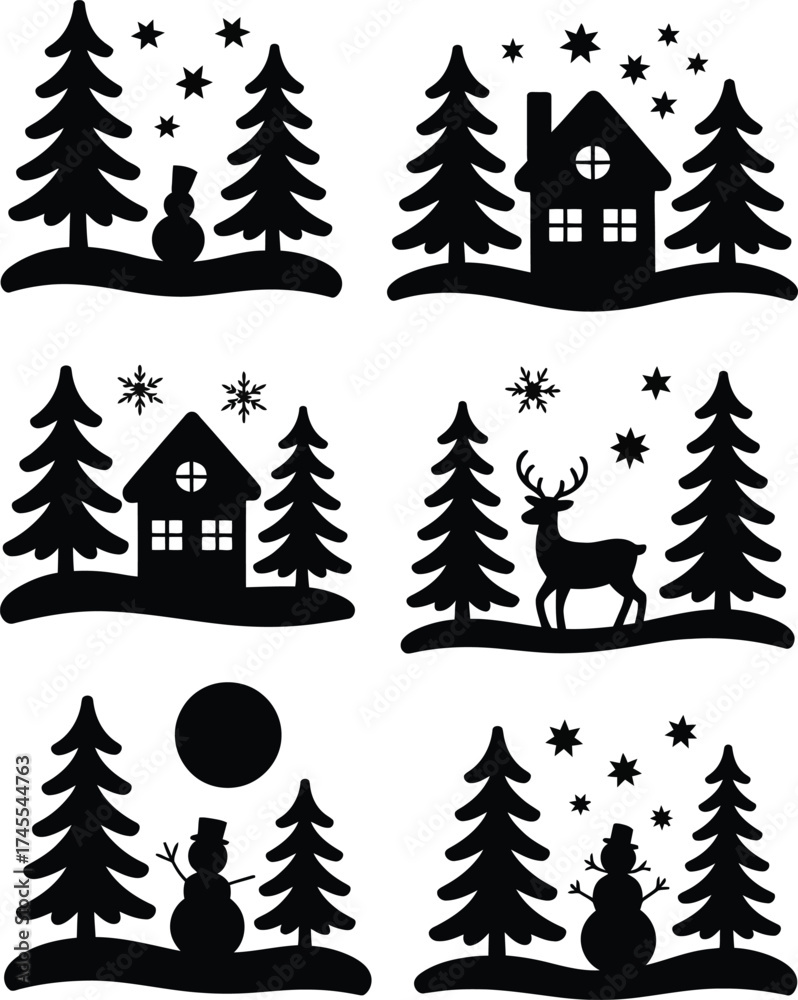 Obraz premium Winter scene silhouettes with trees snowmen deer and houses