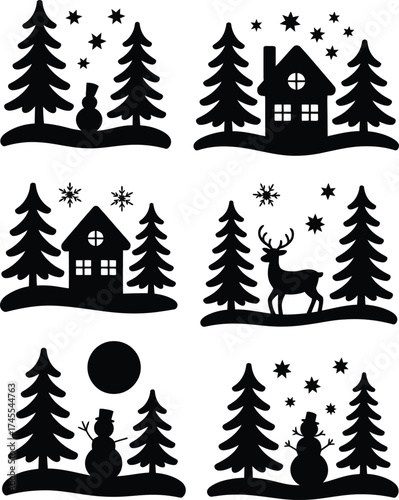Winter scene silhouettes with trees snowmen deer and houses