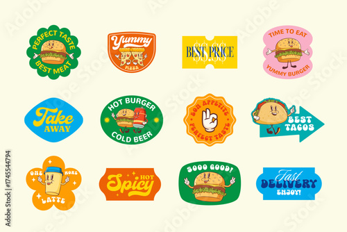 Groovy Burger Retro Character Stickers Set. Cartoon Hamburger, Taco, Coffee, Pizza and Beer. Vector Street Food Mascot Templates Patches Collection. Vintage Fast Food Illustrations Isolated