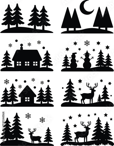 Winter forest scenes with deer and snowmen trees snowflakes