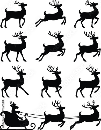 Black reindeer silhouettes in various poses white antlered