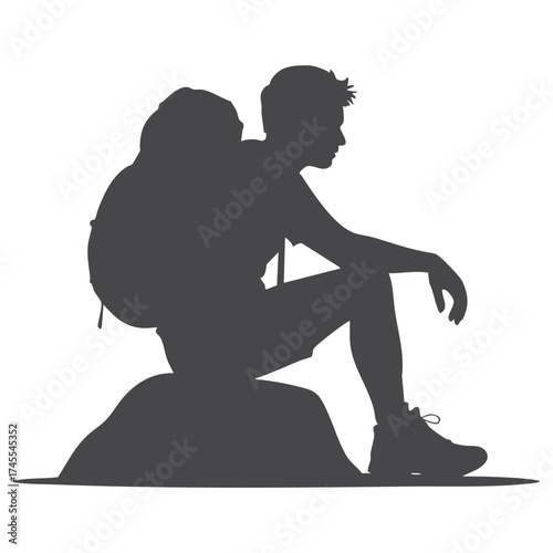 Silhouette of a hiker sitting on a rock with a backpack silhouette