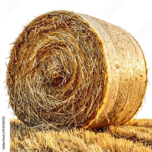 Round bale of straw resting on a field of dried stalks