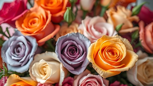 Vibrant bouquet of colorful roses against a soft floral background.