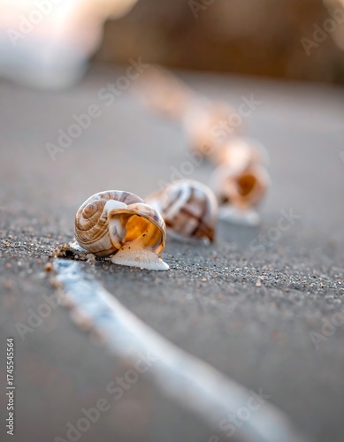 Snails in a row on a sandy surface