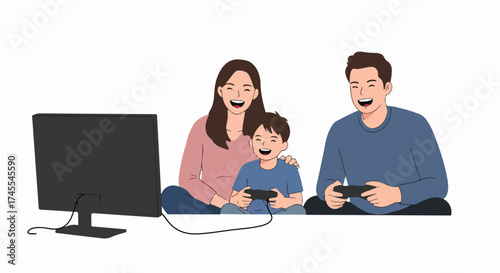 Happy family, including parents and son, enjoying video games together, sharing laughter and bonding during leisure time at home in a cheerful illustration.