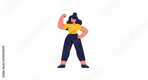 Confident woman flexing arm, symbolizing empowerment, strength, and self-belief. A vibrant flat illustration of female power and determination.