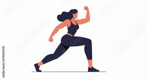 Dynamic illustration of a strong woman running or exercising in fitness attire, showcasing power, health, and an active lifestyle.