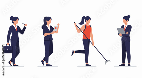Diverse professional women in business suits with briefcases and laptops, contrasted with a woman engaged in active cleaning, depicting varied modern female roles.