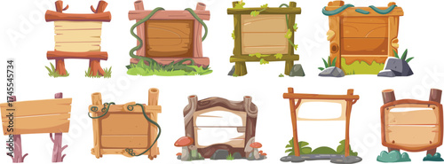 Cartoon wooden signboard set with vines, rocks, mushrooms, nature elements, fantasy game interface, adventure forest design collection