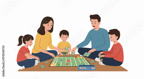 Happy family playing a board game together at home, enjoying quality time and bonding with fun indoor activities. Parents and children share laughter and entertainment.