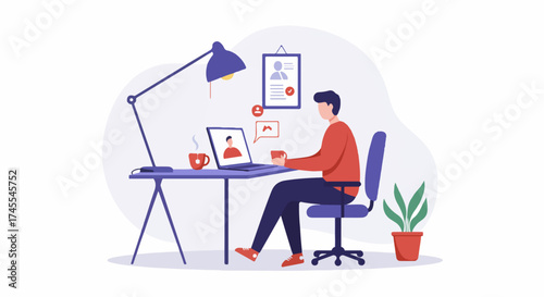 Young man working remotely from home office, using laptop for online communication, learning, or job search in a productive and comfortable workspace illustration.
