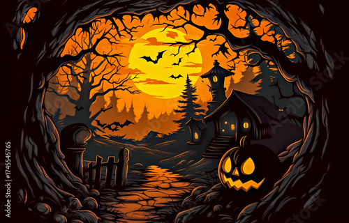 Halloween. Spooky Halloween illustration showcases haunted house surrounded by twisted trees, glowing pumpkin, and flying bats against vibrant orange moon, creating eerie atmosphere of mystery
