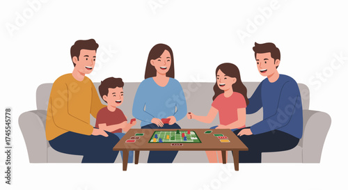 Happy family playing a board game together on the couch, enjoying leisure time, laughter, and bonding at home with children and parents.