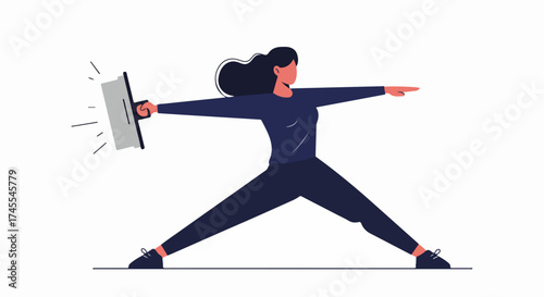 Woman practicing yoga warrior pose while holding a glowing tablet, symbolizing digital balance, focus, and modern productivity.
